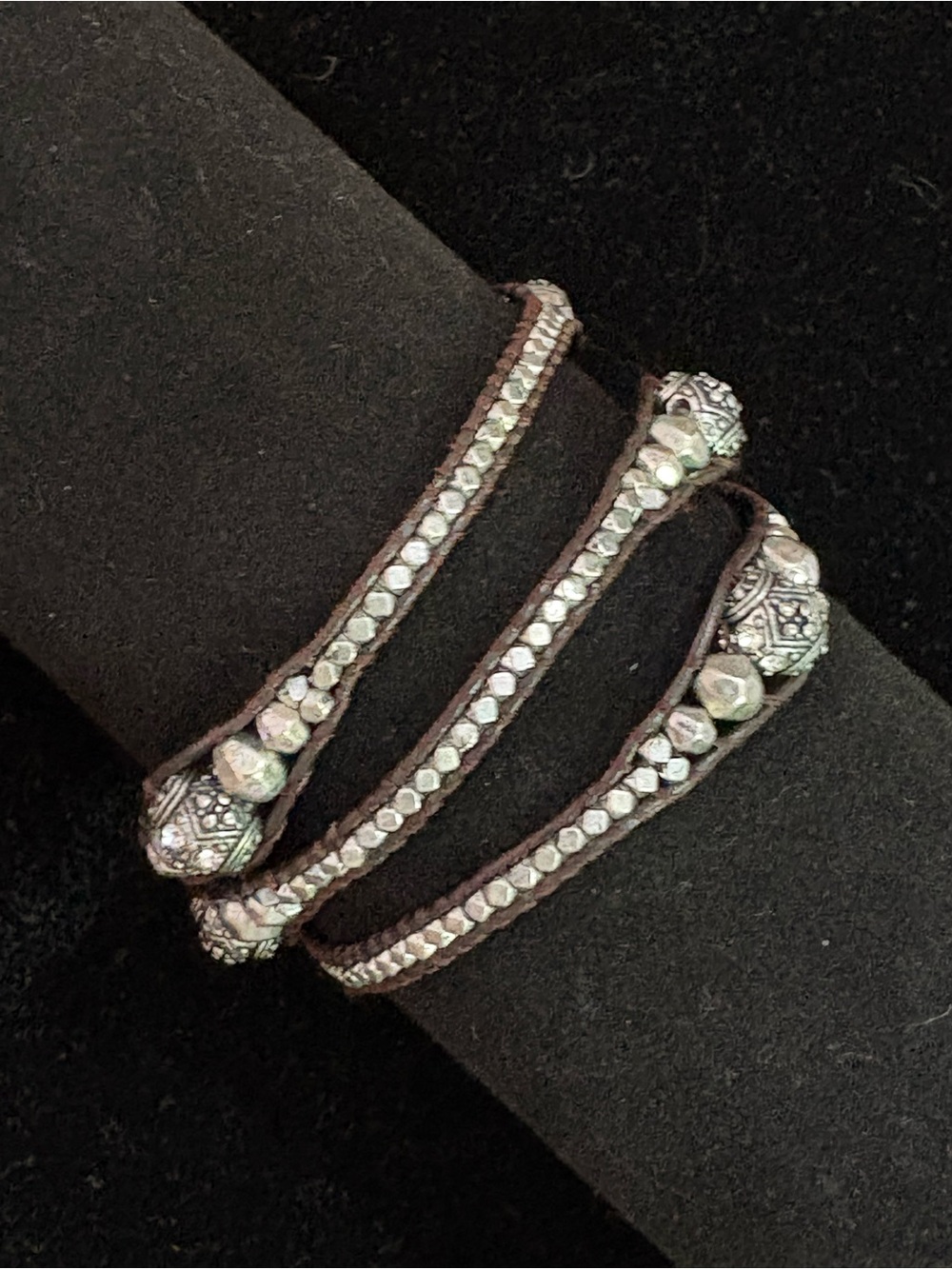 Lucky Brand Brown Leather Wrap Bracelet with Silver Beads
